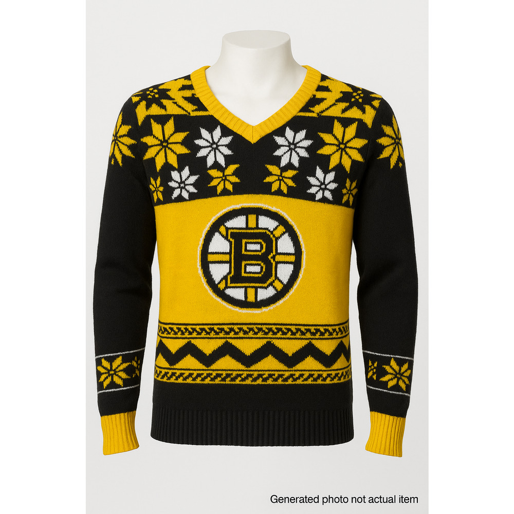 Boston Bruins NHL Christmas Sweater Fair Isle Knit Black Yellow Snowflakes Small